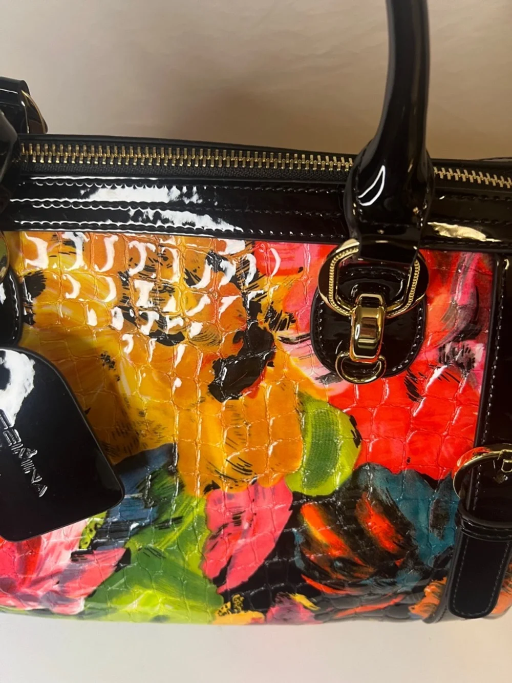 Feimina Genuine Leather embossed Floral Patent Satchel Handbag - Picture 12 of 16